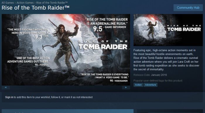 Tomb Raider Steam Page